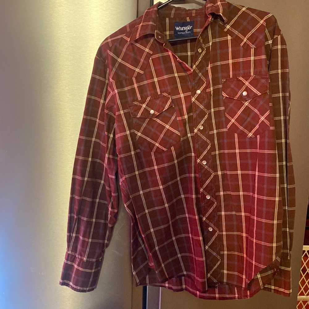 Medium Brown Checkered Wrangler Button Down Shirt… - image 1